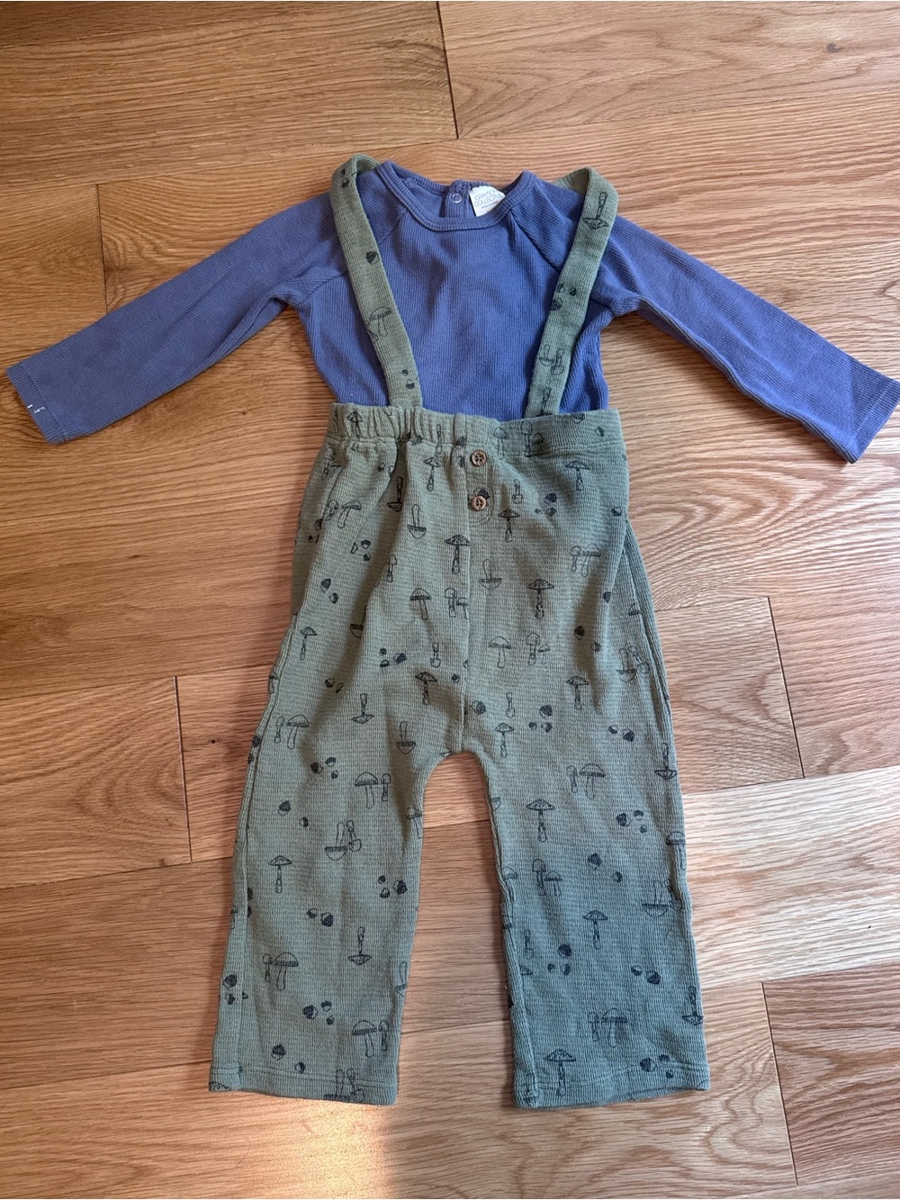 Children's Olive Green Mushroom Suspender Overalls With Blue Ribbed Shirt